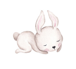 Cute sleeping bunny hand drawn with watercolor. Design element for cards, banners, invitations, wall art. Kid, Childish drawing style. Simple aquarelle animals