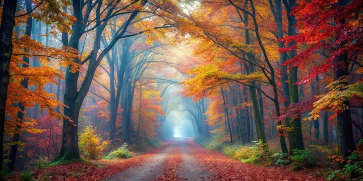 A misty autumn forest path surrounded by vibrant foliage