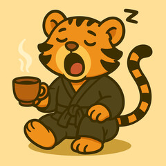 A sleepy cartoon tiger in a silat uniform, yawning and holding a cup of tea, with one paw lazily resting on its knee. Funky, relaxed, and funny style, plain background.