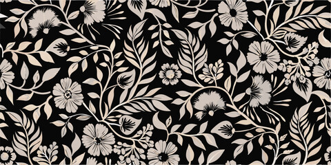 Floral pattern with white flowers and leaves on a black background creating a dense and elegant design look