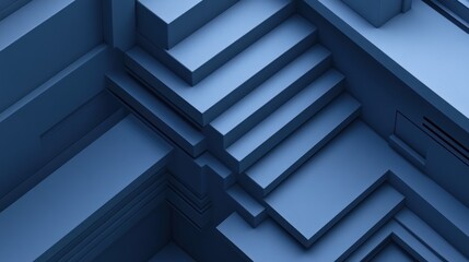 Fototapeta premium Geometric shapes in a deep blue color create a complex architectural form.