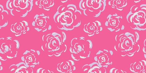 Seamless vector pattern with white sketchy roses on vibrant pink background. Artistic floral design ideal for fabric, kids apparel, wrapping paper, and romantic-themed projects.