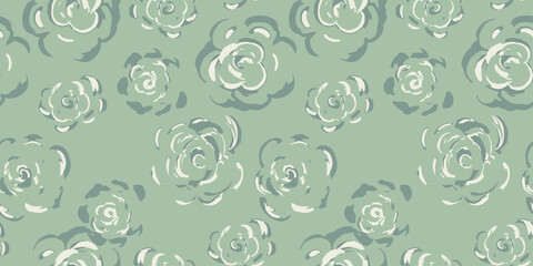 Seamless vector pattern with sketchy roses on pastel mint, green background. Artistic floral design for fabric, kids apparel, wrapping paper, romantic themed projects