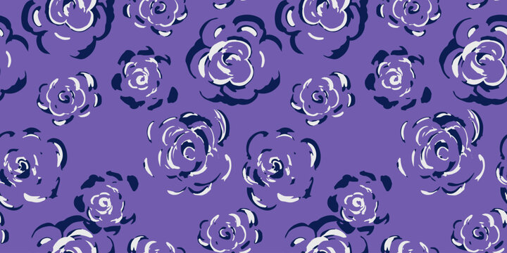 Seamless vector pattern with sketchy roses on violet, purple background. Artistic floral design for fabric, kids apparel, wrapping paper, romantic themed projects