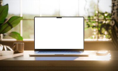 Laptop with blank screen on a bright desk, surrounded by sunlight and greenery, suggesting productivity and peace. CGI render