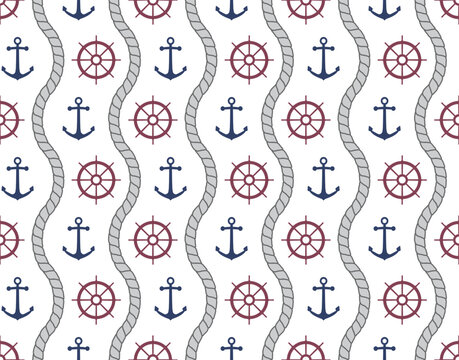 Seamless marine pattern with anchors, steering wheels and rope. Nautical symbols background.
