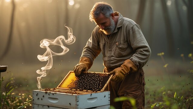 Experienced Beekeeper Carefully Inspecting Honeycomb Frames at Sunrise, Amidst Misty Forest