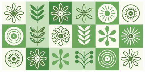 Assorted green and white floral and geometric pattern in a tiled square arrangement design style