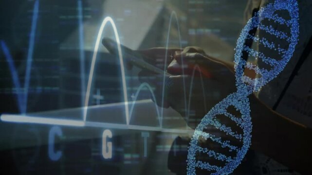 Researcher tapping touchscreen and tracking nucleotide waveform changes with 3D helix for genomics