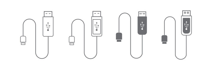 USB cable icons vector set in stroke line style