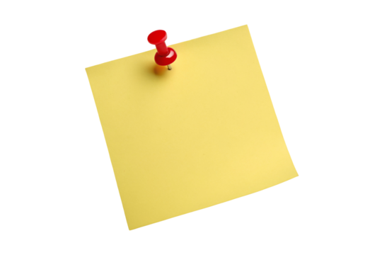 Yellow sticky note with red push pin for reminders and memo on black background office supplies concept