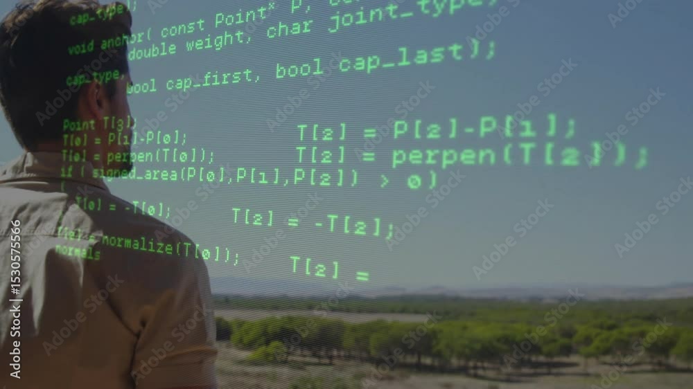 Poster man standing on hill over farm, tracking green c++ code appearing and scrolling http geometry logic