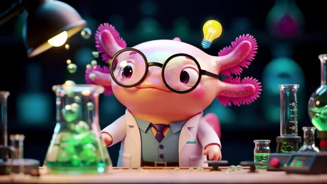 Cartoon axolotl scientist in laboratory