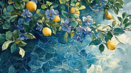 Watercolor Lemon tree branches seamless border,lemon set On a white background,Summer citrus fruit,Juicy colors,Hand drawn lemon set,Botanical illustration collection,Whole lemons,banner menu drink.