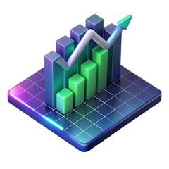 Isometric Growth Chart with Arrow, Financial Performance Rising on Neon Grid.