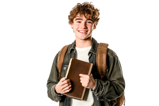 Smiling teenage boy student holding book, wearing backpack, transparent background