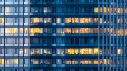 Obraz premium Illuminated skyscraper windows create a vibrant urban atmosphere during dusk