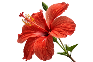 Close up of a vibrant red hibiscus flower with water droplets for botanical flower photography art