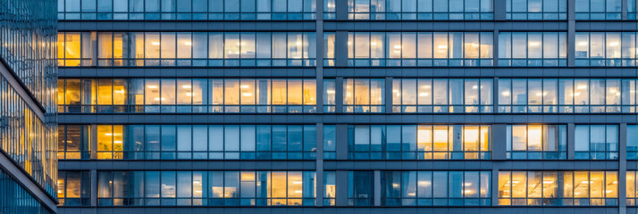 Obraz premium Evening light illuminating urban skyscraper windows in vibrant cityscape