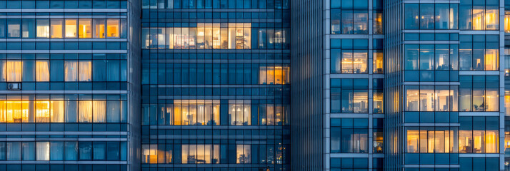 Obraz premium Skyscraper windows glow with warm light during dusk in a bustling urban environment
