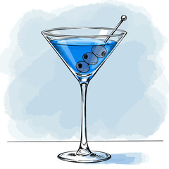 Elegant illustration of a blue cocktail in a martini glass with olives on a skewer
