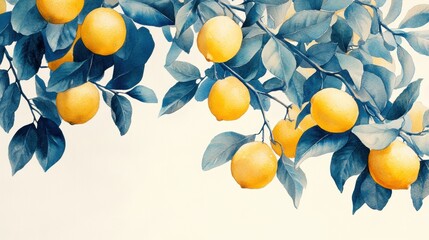 Watercolor Lemon tree branches seamless border,lemon set On a white background,Summer citrus fruit,Juicy colors,Hand drawn lemon set,Botanical illustration collection,Whole lemons,banner menu drink.