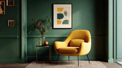 Stylish modern corner with yellow lounge chair, matte forest green wall, abstract framed art, minimal decor elements, strong contrast and soft shadows