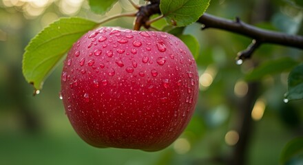 Ripe Red Apple Hanging on Branch with Water Droplets