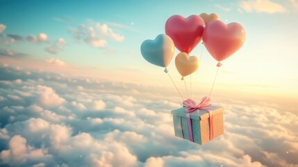 A Box flying on a parachute with pink cloud in valentine day,package flying down from sky and cloud with parachute, concept for delivery service,shopping online,air delivery service.