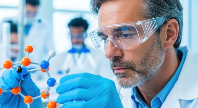 A scientist in safety glasses examining a molecular structure in a lab with other scientists present