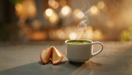 Obraz premium Golden Cookie, Steaming Green Tea