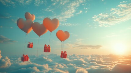 Fototapeta premium A Box flying on a parachute with pink cloud in valentine day,package flying down from sky and cloud with parachute, concept for delivery service,shopping online,air delivery service.