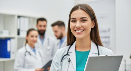 Fototapeta premium Smiling female doctor holding a clipboard with colleagues in the background in a medical setting