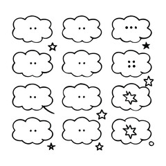 Black and White Cartoon Speech Bubbles in Grid Layout on Plain White Background Template.