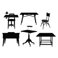 Black and White Silhouette Illustrations Showcasing Diverse Table and Desk Designs in Minimalist Bold Style. 