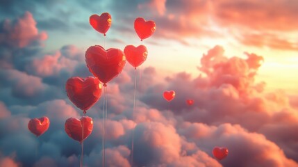 A Box flying on a parachute with pink cloud in valentine day,package flying down from sky and cloud with parachute, concept for delivery service,shopping online,air delivery service.
