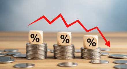 Wooden percentage dice on coin stacks with red downward arrow indicating decrease or loss concept view