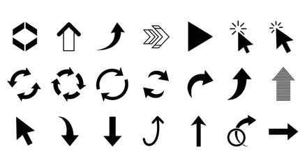 A collection of various black arrow icons pointing in different directions on a white background plain design
