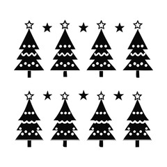 Obraz premium Ten Stylized Black Christmas Tree Silhouettes in Two Rows on Clean White Background Vector Illustration.
