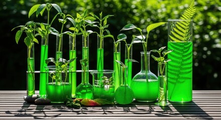 Plants in test tubes and beakers filled with green liquid on a wooden surface outdoors in daylight