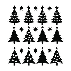 Fototapeta premium Ten Stylized Black Christmas Tree Silhouettes in Two Rows on Clean White Background Vector Illustration.