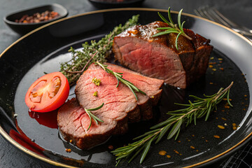 Slice of roast beef garnished with herbs and tomato on a luxurious black plate, top view