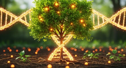 A tree with green leaves and glowing orange orbs surrounded by a dna helix in a field of sprouts