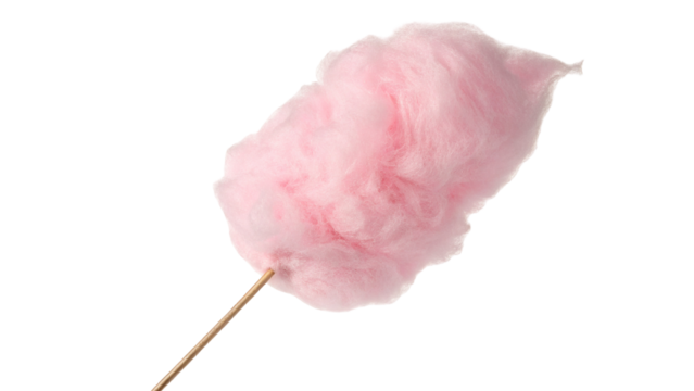 Isolated pink cotton candy sweet treat on a stick sugary snack fluffy confection kids party favor 100 characters