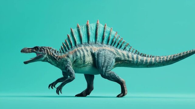 A large spinosaurus dinosaur stands ready This prehistoric creature exhibits strong textures on a teal background Dramatic lighting highlights its dorsal sail