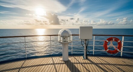 A view from a cruise ship deck with ocean horizon life preserver and navigation equipment visible at sunset