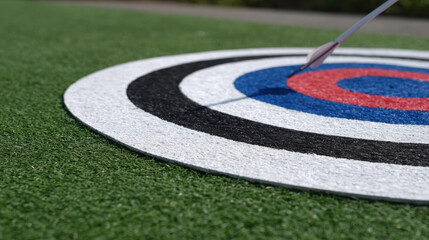 Close up view of target with arrow striking center, showcasing vibrant colors and well defined bullseye. image captures precision and focus required archery, evoking sense of achievement and skill