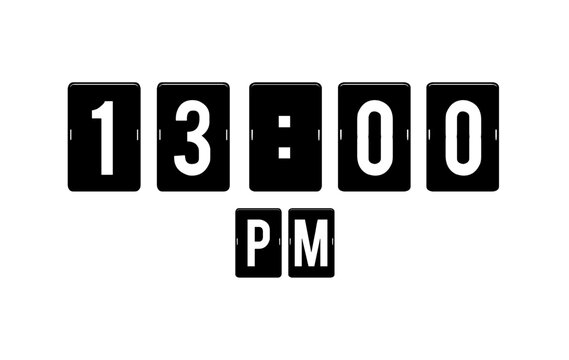 Modern flip clock design showing 13:00 PM on a white background.Perfect for use in editorial designs, UI/UX mockups, infographics, and time management 