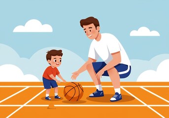 Fototapeta premium Boy with Father Playing Basketball Outdoors