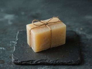 Natural soap bar tied with twine on a slate plate, dark textured surface.